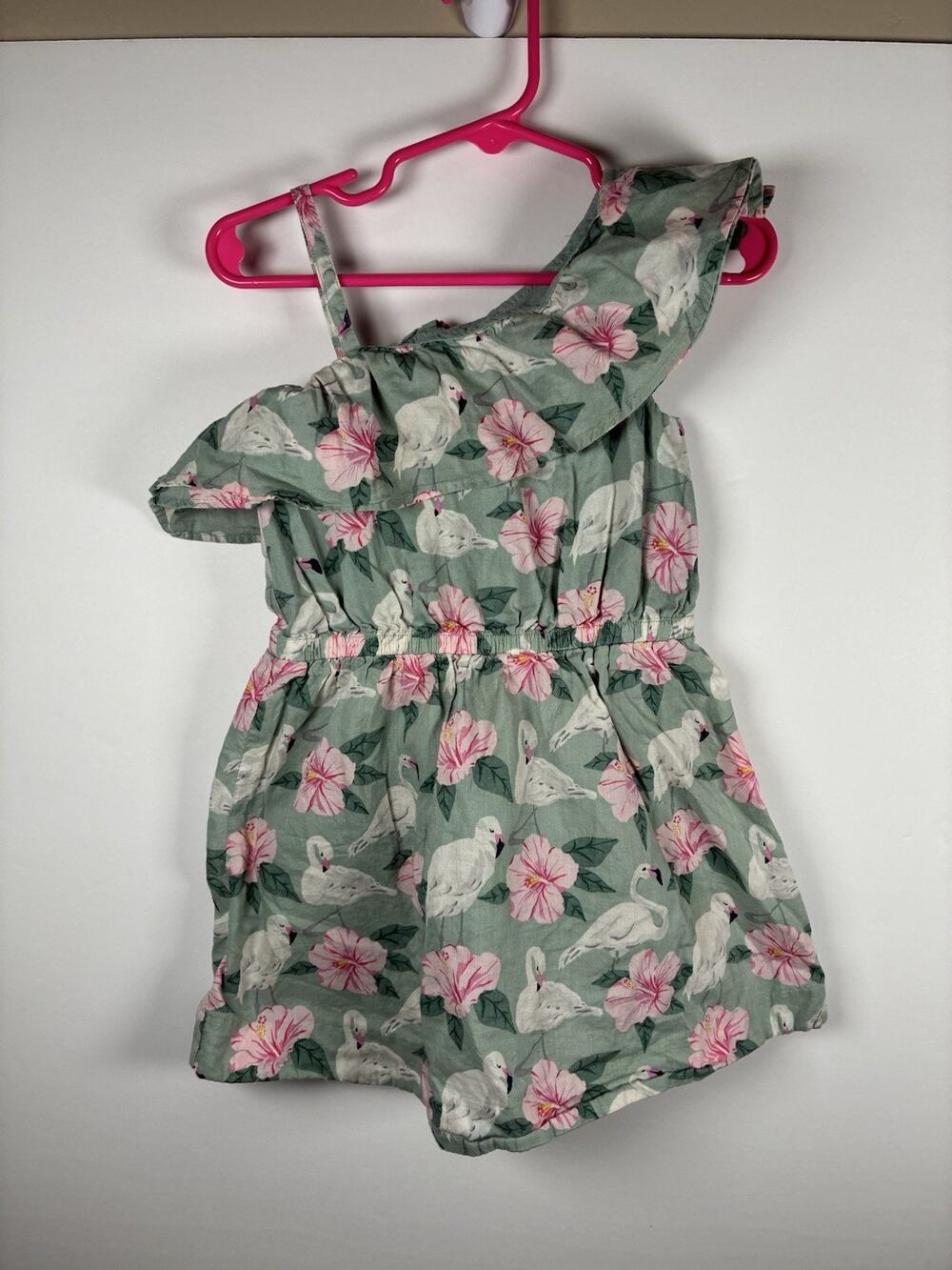 Janie and Jack Girls 2T One Shoulder Dress Sage Flamingo Floral Boho Chic